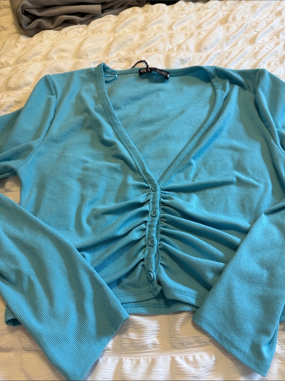 Zara Turquoise Ruched Button-Front V-Neck Long Sleeve Top